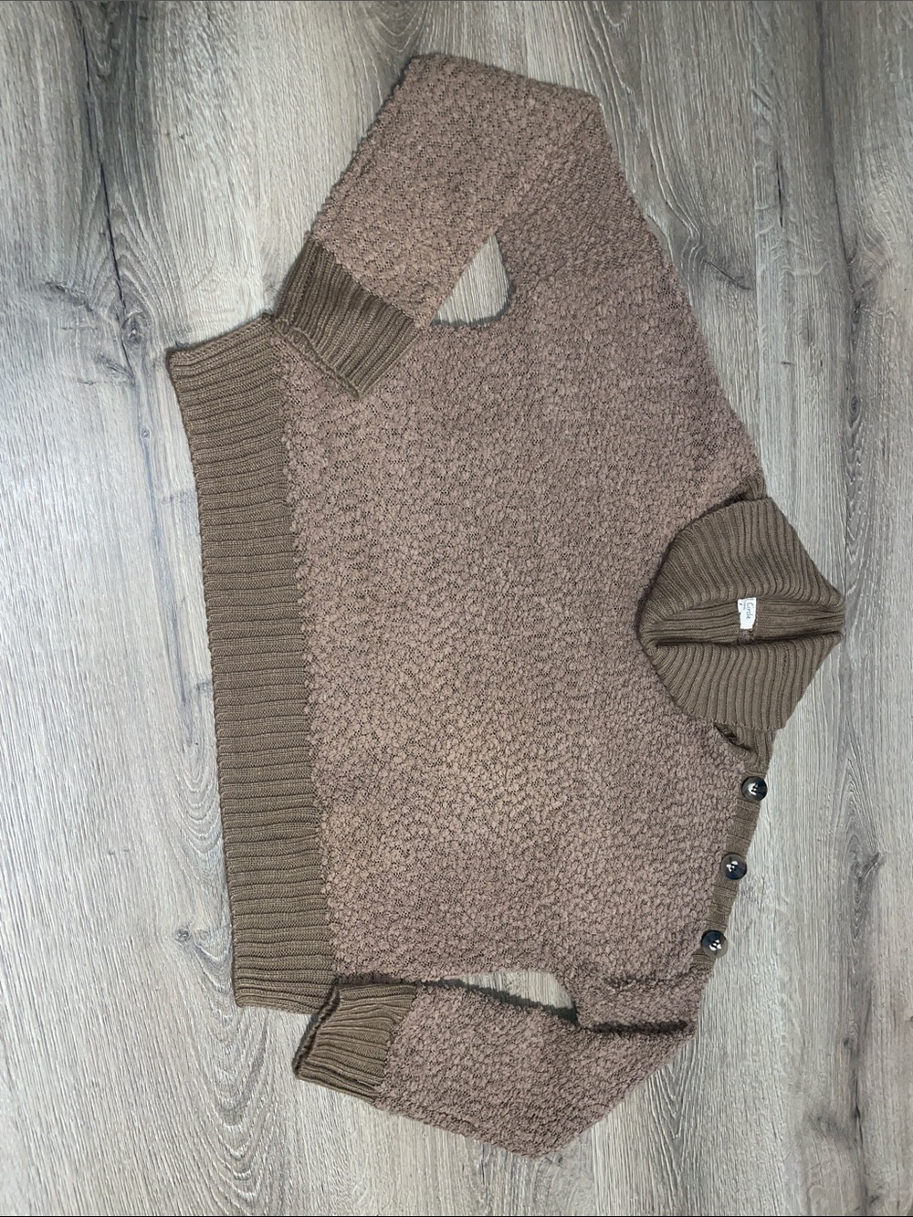 Women's Taupe Bouclé Turtleneck Sweater with Side Buttons